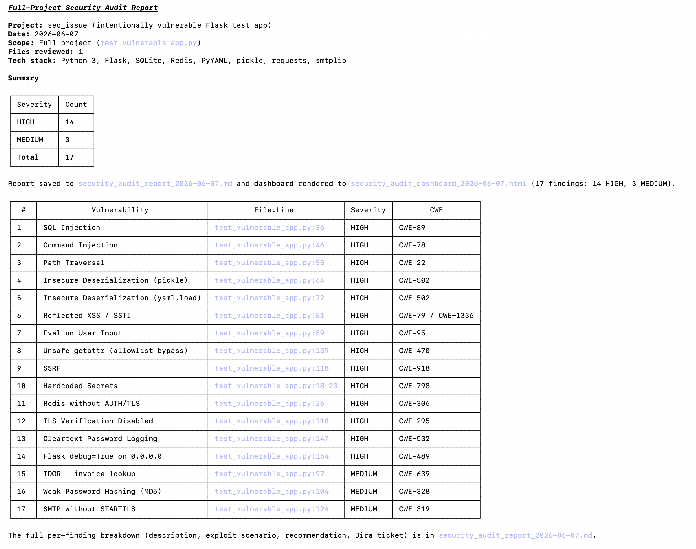The findings output displays as a simple list in a table.