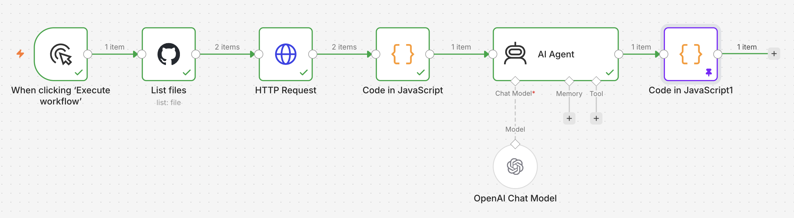 An example workflow: click to list files to HTTP request to JS code to AI Agent with input and output, then more JS