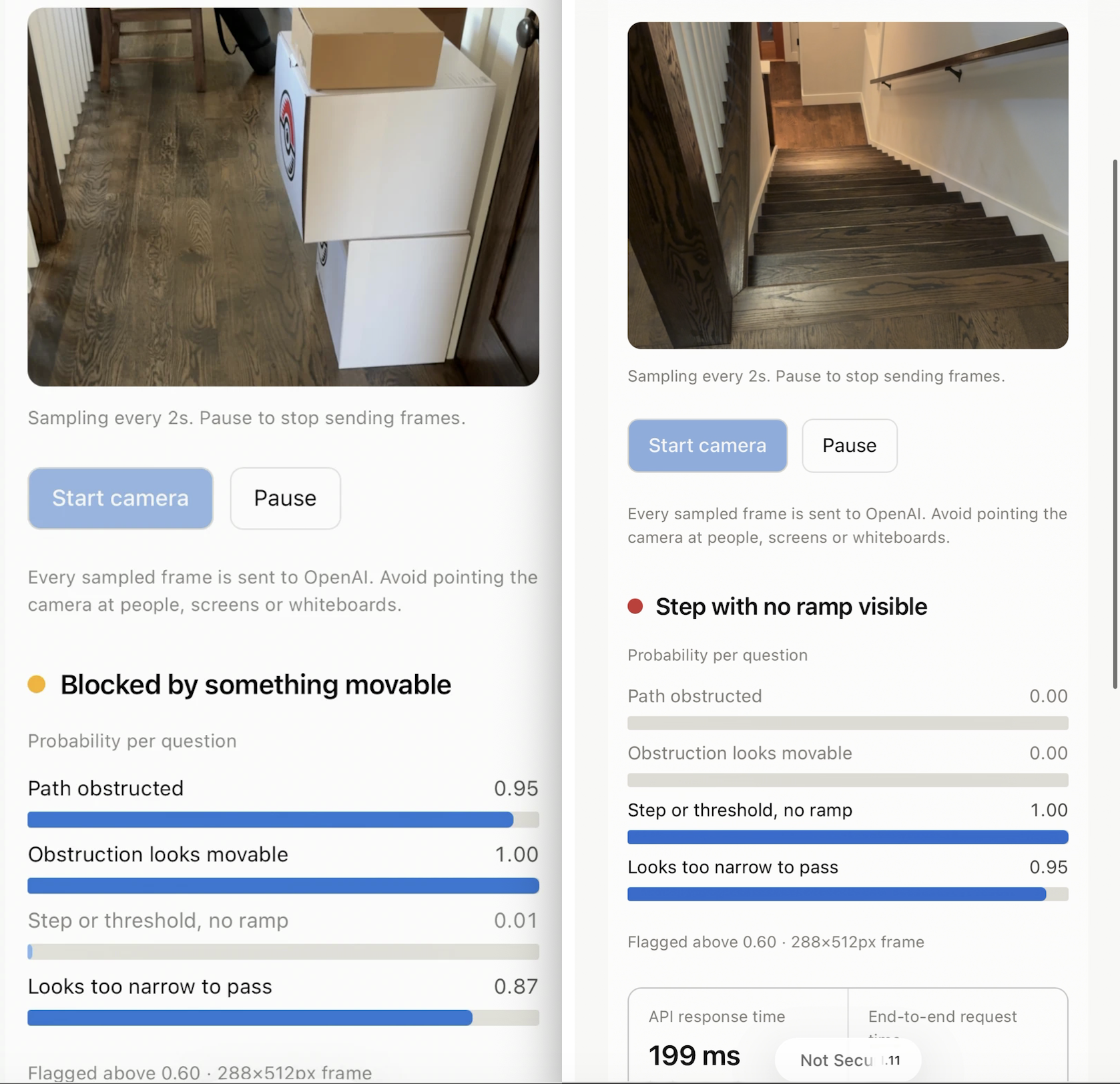 pictures from the live stream showing the API identify a path obstruction and stairs