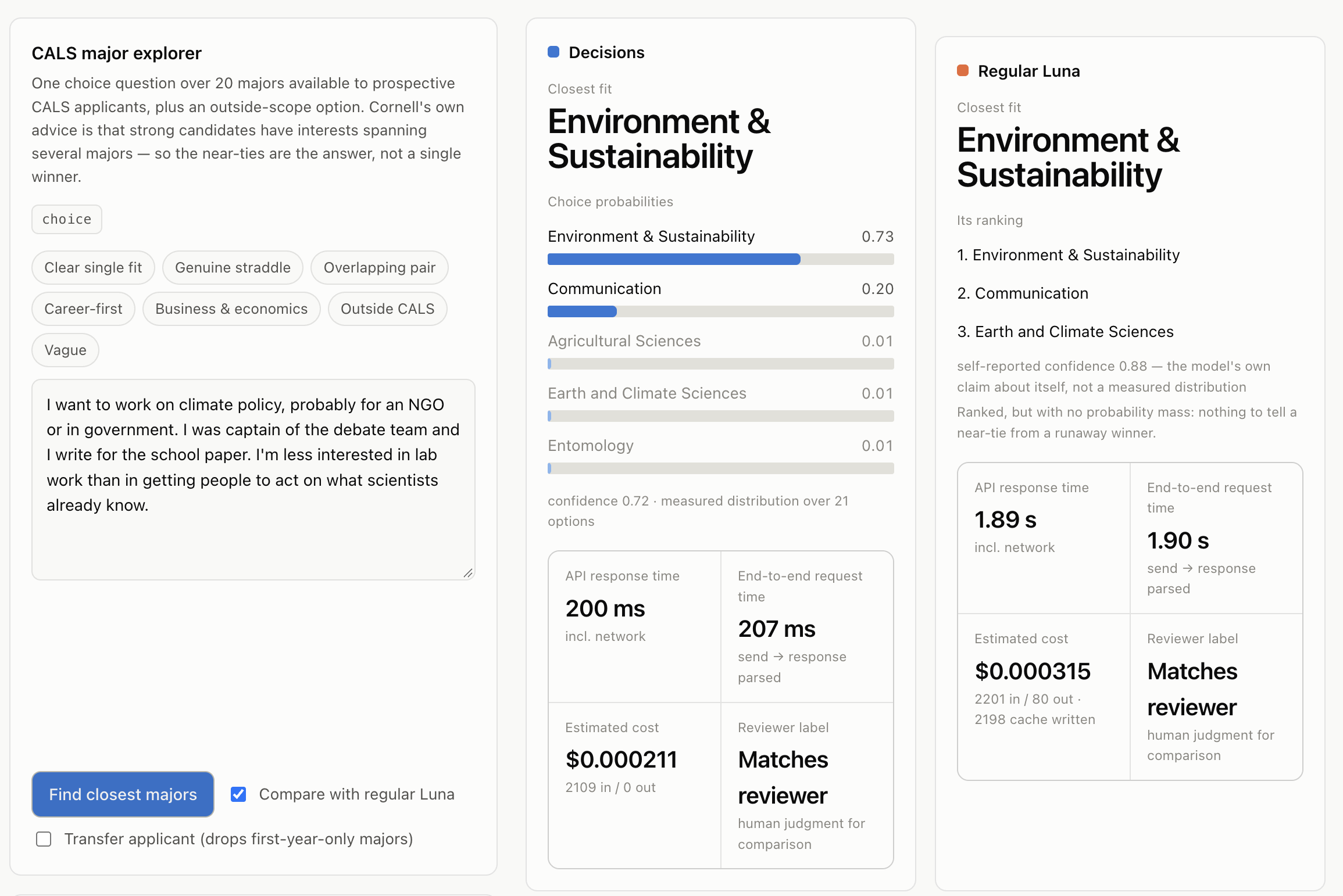 Major selection example, in which the model suggest environment & sustainability major
