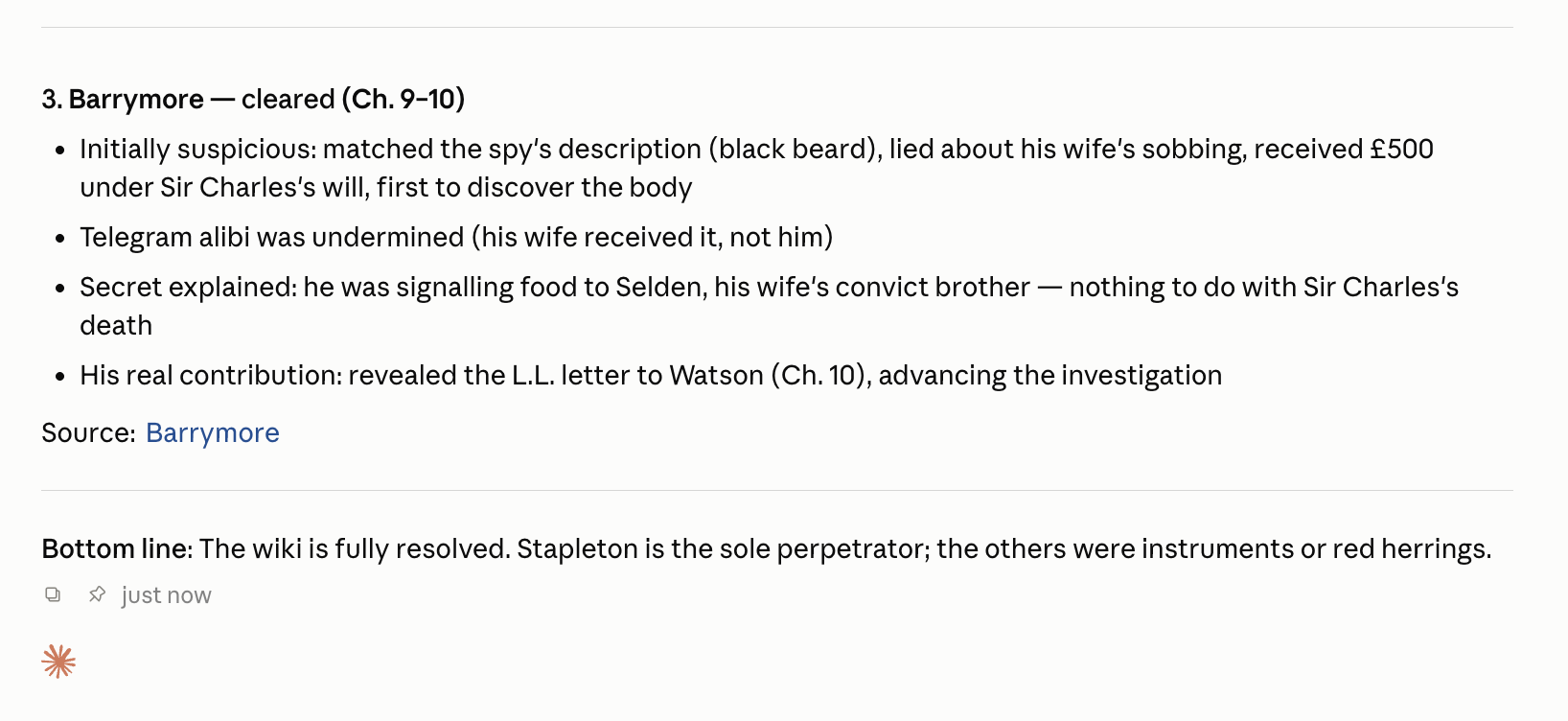 Suspects-evidence query, full synthesis answer